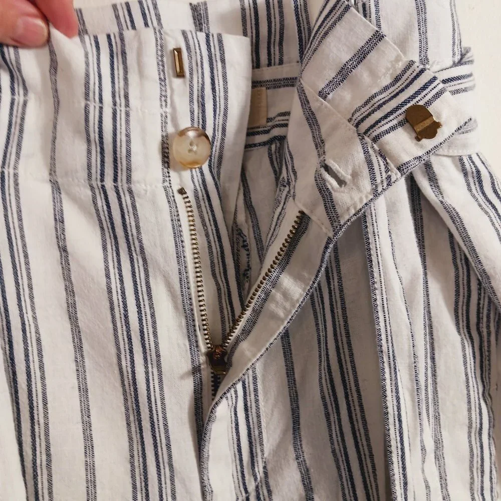 NWT Madewell, Size 14, White Navy Stripe Linen Blend Paper Bag  Crop Pants - Picture 8 of 16